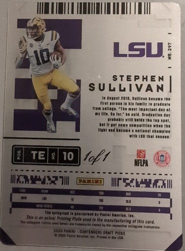 STEPHEN SULLIVAN 2020 Panini Contenders Draft Picks AUTO PRINTING PLATE #1/1 LSU
