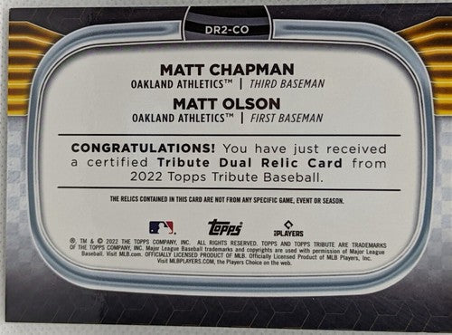 MATT OLSON CHAPMAN 2022 Topps Tribute DUAL Jersey Bat Patch Green /99 A's Braves