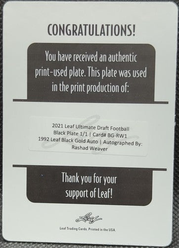 RASHAD WEAVER 2021 Leaf Ultimate Draft RC 1992 AUTO PRINTING PLATE 1/1 Titans of