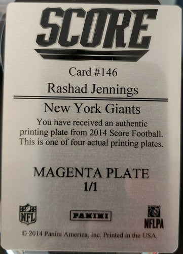 RASHAD JENNINGS 2014 Panini Score Hot Rookies PRINTING PLATE SP #1/1 of 1 Giants