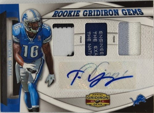 TITUS YOUNG 2011 Panini Gridiron Gear AUTO TRIPLE PATCH Jersey LAUNDRY TAG Lions