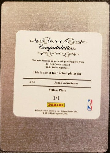 JONAS VALANCIUNAS 2012-13 Panini Gold Standard PRINTING PLATE 1/1 Raptors Strike