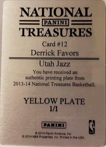 DERRICK FAVORS 2013-14 Panini National Treasures PRINTING PLATE SP 1/1 Utah Jazz
