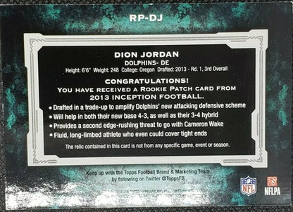 DION JORDAN 2013 Topps Inception RC JERSEY Number PATCH YELLOW SP #/25 Dolphins