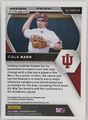 COLE BARR 2021 Panini Prizm Draft Picks RC Silver AUTO Mariners Indiana Hoosiers
