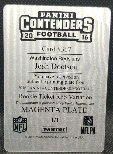 JOSH DOCTSON 2016 Panini Contenders RC Ticket DUAL AUTO PRINTING PLATE SP #1/1