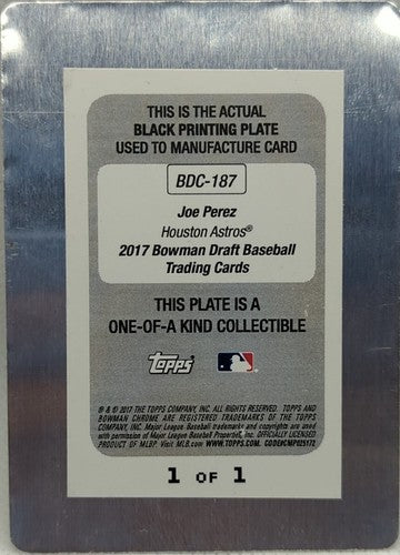 JOE PEREZ 2017 Topps Bowman Draft Chrome RC PRINTING PLATE SP #1/1 Astros One of