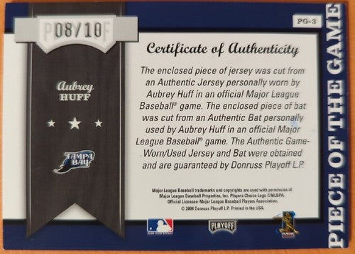 AUBREY HUFF 2004 Playoff Honors DUAL AUTO Game Used JERSEY BAT Relic #08/10 Rays