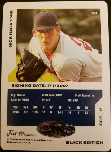 NICK HAGADONE 2008 Just Minors Rookie Press PRINTING PLATE SP #1/1 of 1 Red Sox