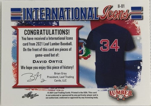 ð´ DAVID ORTIZ 2021 Leaf Lumber DUAL Game Used BAT Relic Patch 3/7 Red Sox Twins