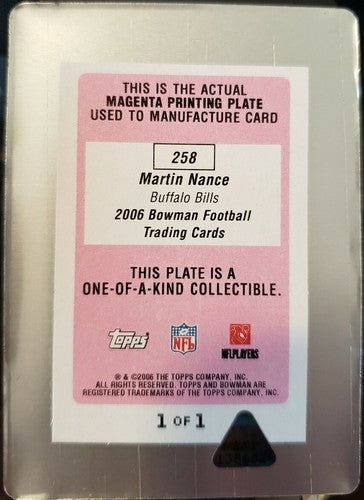 MARTIN NANCE 2006 Topps Bowman Rookie Magenta PRINTING PLATE SP #1/1 of 1 Bills