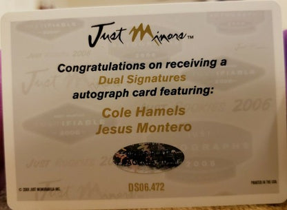 Cole HAMELS Jesus MONTERO 2008 Just Minors Dual Signature Printing Plate SP #1/1