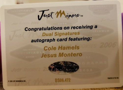 Cole HAMELS Jesus MONTERO 2008 Just Minors Dual Signature Printing Plate SP #1/1