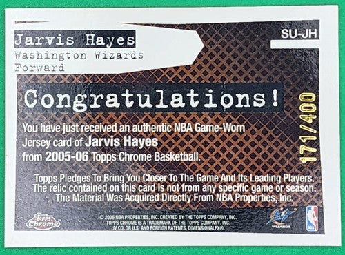 JARVIS HAYES 2005-06 Topps Chrome Game Worn Used JERSEY Relic #/400 Nets Wizards