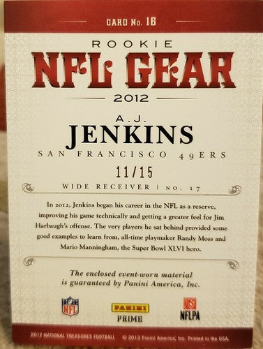 A. J. JENKINS 2012 National Treasures QUAD Jersey LAUNDRY TAG BALL PATCH #/15 AJ