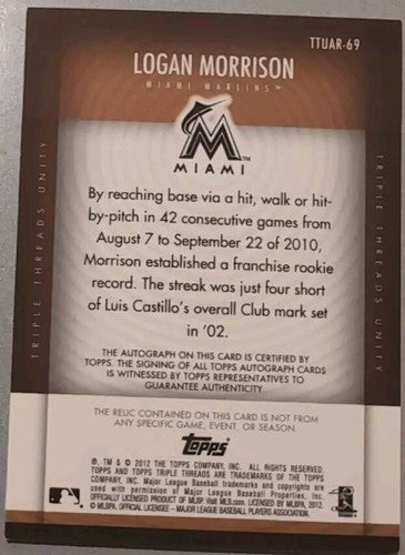 LOGAN MORRISON 2012 Triple Threads Unity DUAL AUTO JERSEY Relic SP #/75 Marlins