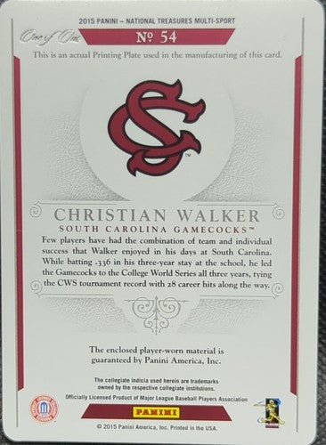 CHRISTIAN WALKER 2015 National Treasures JERSEY PATCH PRINTING PLATE SP #1/1 of