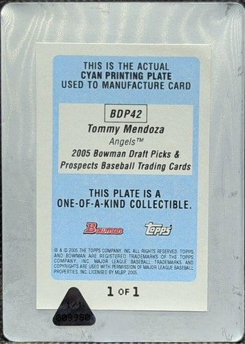 TOMMY MENDOZA 2005 Bowman Draft Picks & Prospects RC PRINTING PLATE #1/1 Angels