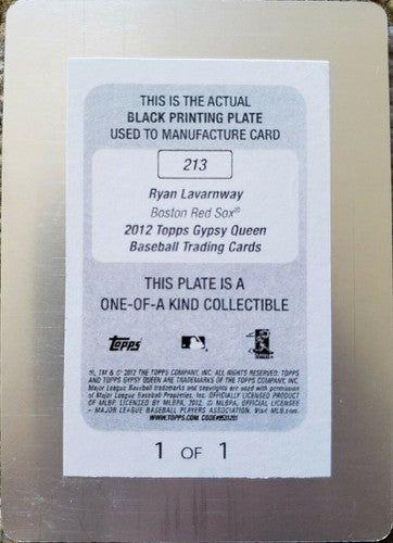 RYAN LAVARNWAY 2012 Topps Gypsy Queen Black PRINTING PLATE SP #1/1 of 1 Red Sox