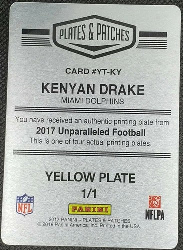 KENYAN DRAKE 2017 Panini Unparalleled PRINTING PLATE 1/1 Dolphins Patches One of