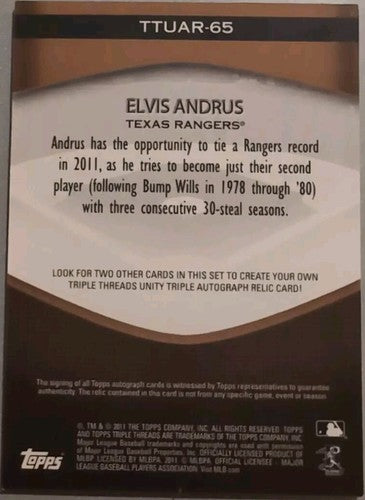 ELVIS ANDRUS 2011 Topps Triple Threads Unity DUAL AUTO JERSEY SEPIA #/75 Rangers