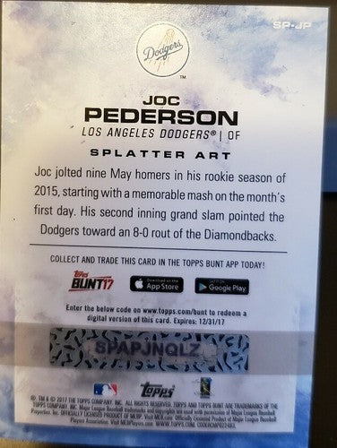 JOC PEDERSON 2017 Topps Bunt Physical Splatter Art Redemption SP #/99 LA Dodgers