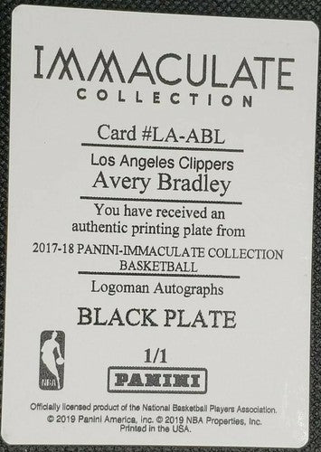AVERY BRADLEY 2017-18 Panini Immaculate LOGOMAN PRINTING PLATE SP #1/1 Clippers