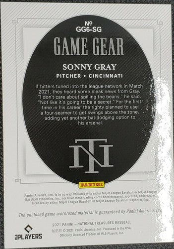 SONNY GRAY 2021 Panini National Treasures Game Gear SIXES JERSEY Relic #/99 Reds