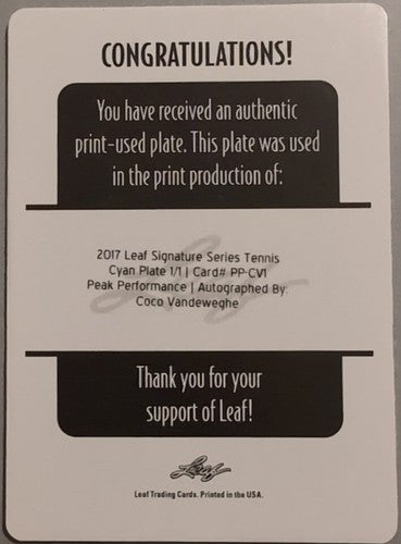 COCO VANDEWEGHE 2017 Leaf Signature Series Tennis AUTO PRINTING PLATE SP 1/1 WTA