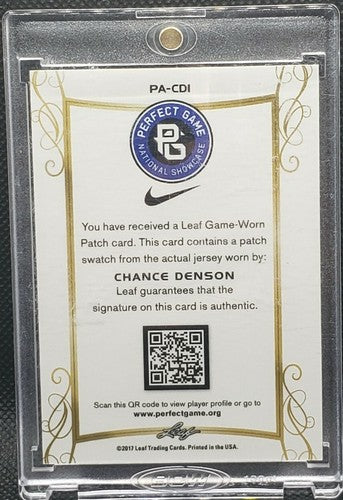 CHANCE DENSON 2017 Leaf Perfect Game DUAL AUTO Jersey NIKE LOGO PATCH SP #1/1 of