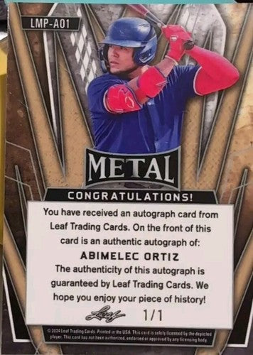 ABIMELEC ORTIZ 2024 Leaf Metal Preview RC AUTO EARTH WAVE SP #1/1 Texas Rangers