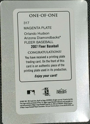 ORLANDO HUDSON 2007 Fleer PRINTING PLATE SP #1/1 Diamondbacks D-Backs 317 One of