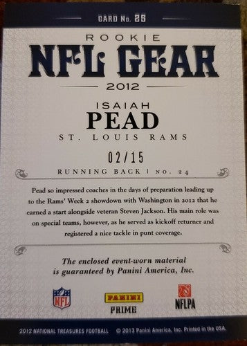 ISAIAH PEAD 2012 National Treasures QUAD Jersey LAUNDRY TAG LOGO PATCH #/15 Rams