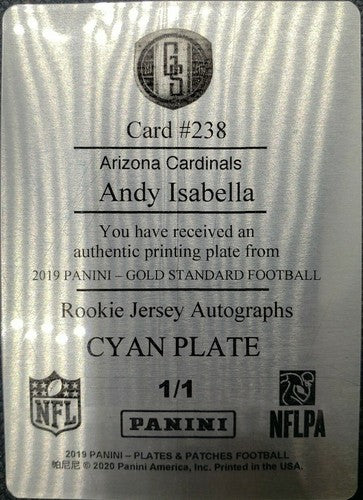 ANDY ISABELLA 2019 Panini Gold Standard RC PRINTING PLATE #1/1 Cardinals Patches