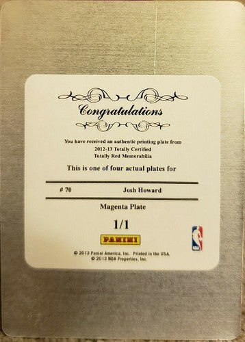 JOSH HOWARD 2012-13 National Treasures PRINTING PLATE 1/1 of 1 Totally Certified