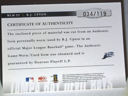 B. J. UPTON 2005 Prime Patches DUAL AUTO JUMBO JERSEY #/119 Devil Rays Melvin BJ