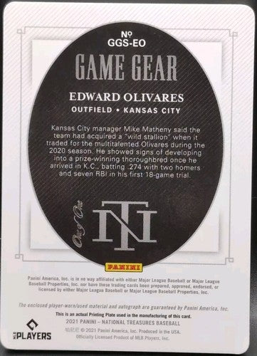 EDWARD OLIVARES 2021 National Treasures RC AUTO PATCH PRINTING PLATE #1/1 Royals