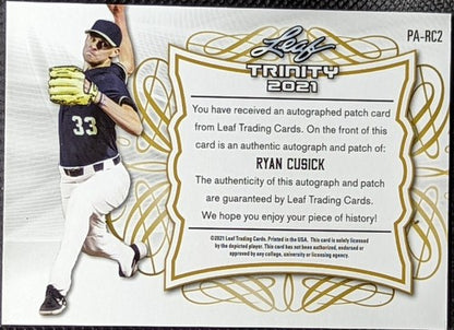 RYAN CUSICK 2021 Leaf Trinity DUAL AUTO Jersey BUTTON PATCH Black /10 Braves A's