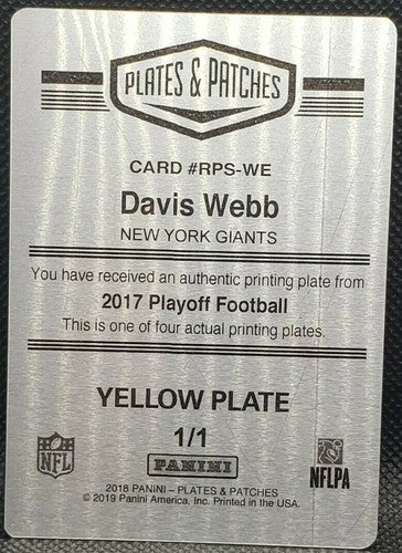 DAVIS WEBB 2017 Panini Playoff RC PRINTING PLATE #1/1 Giants Bills 2018 Patches