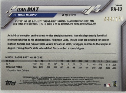 ISAN DIAZ 2020 Topps Chrome AUTO Blue Wave Refractor #/150 Marlins Giants Tigers