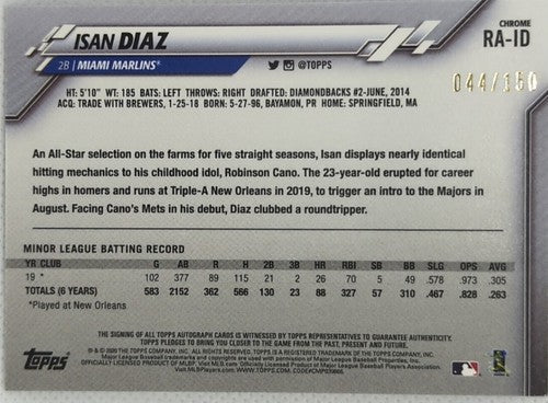 ISAN DIAZ 2020 Topps Chrome AUTO Blue Wave Refractor #/150 Marlins Giants Tigers