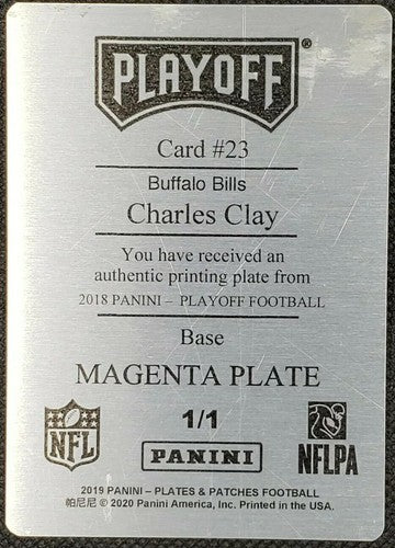 CHARLES CLAY 2018 Panini Playoff PRINTING PLATE 1/1 Bills Cardinals 2019 Patches
