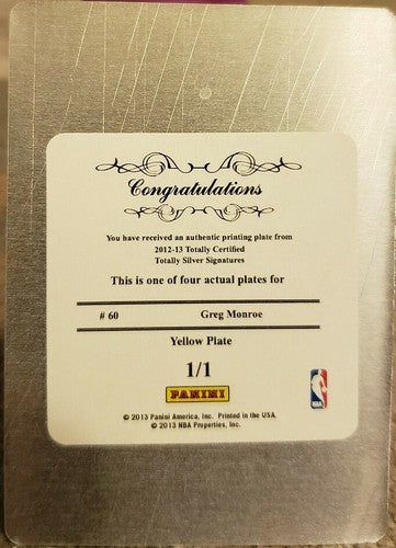 GREG MONROE 2012-13 Totally Certified PRINTING PLATE 1/1 of 1 National Treasures