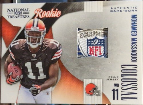 MOHAMED MASSAQUOI 2009 National Treasures NFL SHIELD LOGO LAUNDRY TAG PATCH #/50