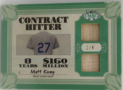 MATT KEMP 2022 Leaf Lumber Contract Hitter DUAL Game Used BAT GREEN #1/4 Dodgers