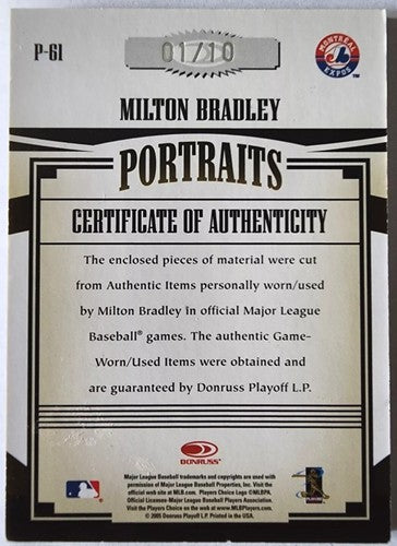 MILTON BRADLEY 2005 Prime Patches AUTO TRIPLE PRIME JERSEY PATCH SP #01/10 Expos