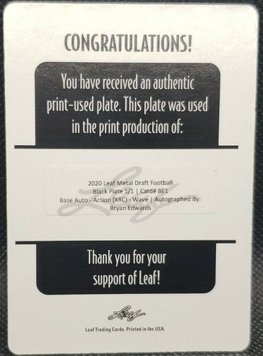 BRYAN EDWARDS 2020 Leaf Metal Draft RC AUTO PRINTING PLATE SP 1/1 Raiders One of