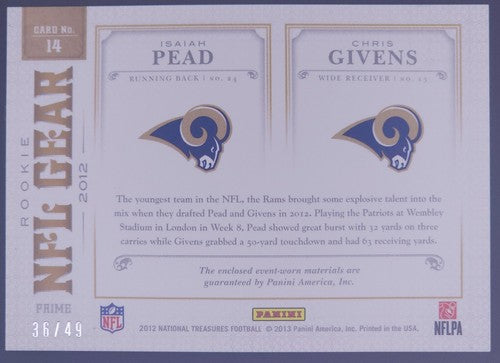 Isaiah PEAD Chris GIVENS 2012 National Treasures DUAL Jersey LAUNDRY TAG PATCH #