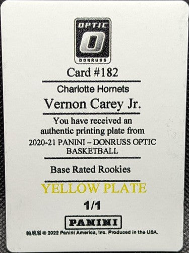 VERNON CAREY JR 2020-21 Panini Donruss Optic Rated RC PRINTING PLATE 1/1 Hornets