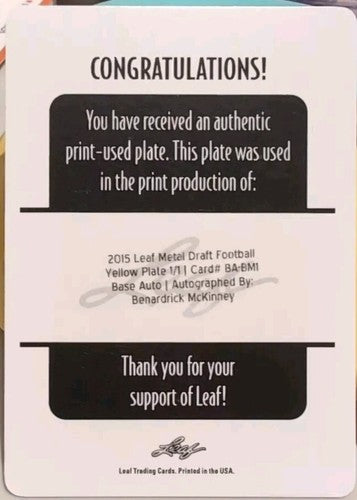 BENARDRICK McKINNEY 2015 Leaf Metal Draft RC AUTO PRINTING PLATE #1/1 Texans MSU